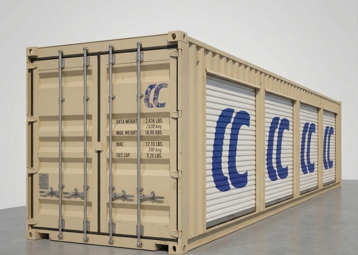 40ft Refurbished Storage Container w/ Four 8ft Roll-up Doors on Left Side